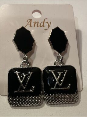 Black Enamel Drop Earrings with Silver-Tone Accents